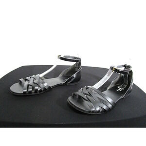 Crown Vintage Nayli Black Faux Leather Ankle Strap Flat Sandals Women 9.5